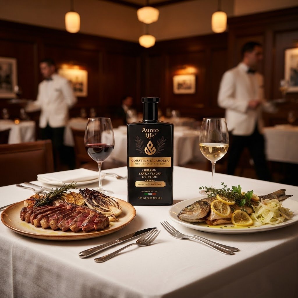 AureoLife olive oil at a fine dining table
