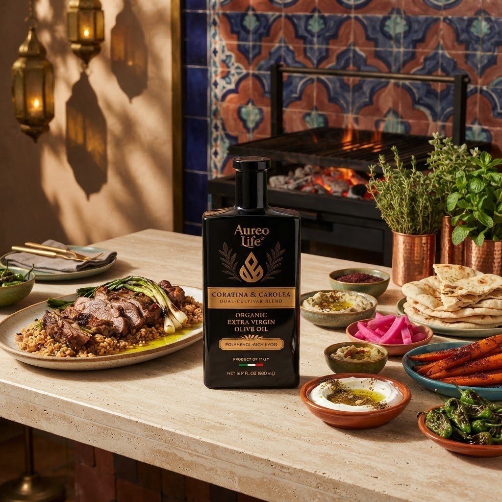 AureoLife olive oil on a Mediterranean table