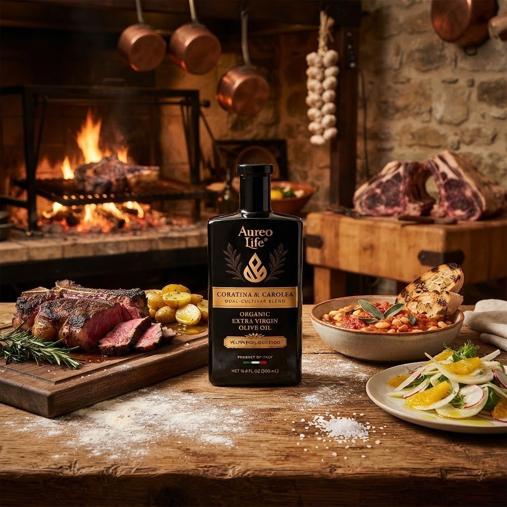 AureoLife olive oil beside a hearth-finished dish