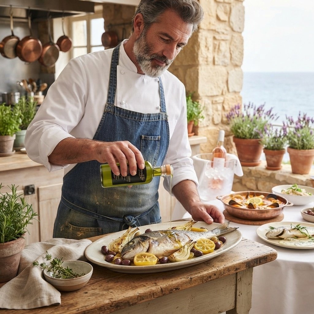 Chef finishing a coastal dish with olive oil