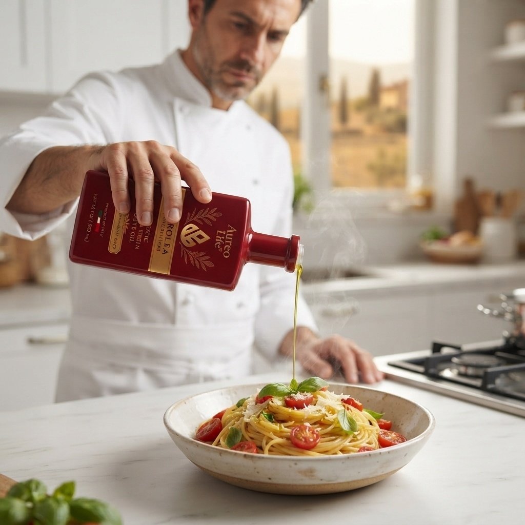 Chef finishing pasta with AureoLife olive oil