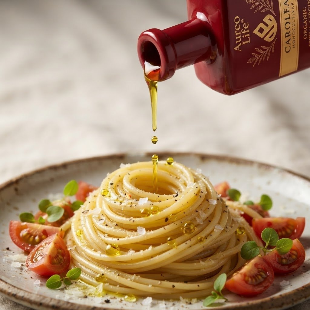 AureoLife olive oil being poured over pasta