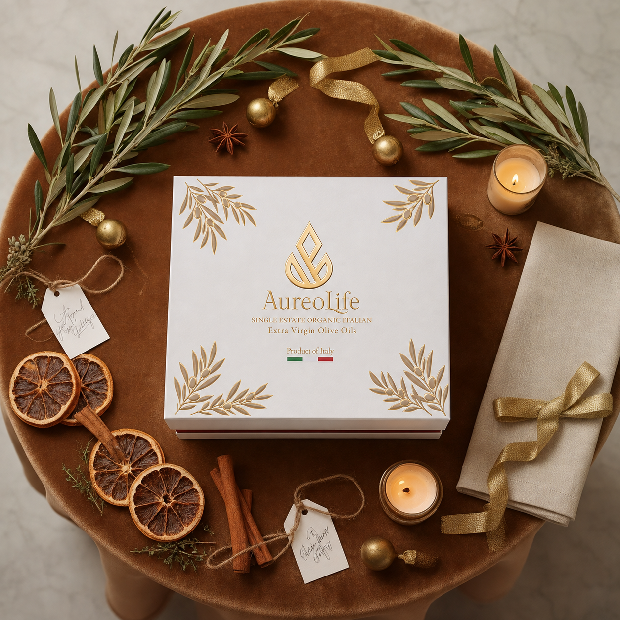AureoLife gift box with understated seasonal styling