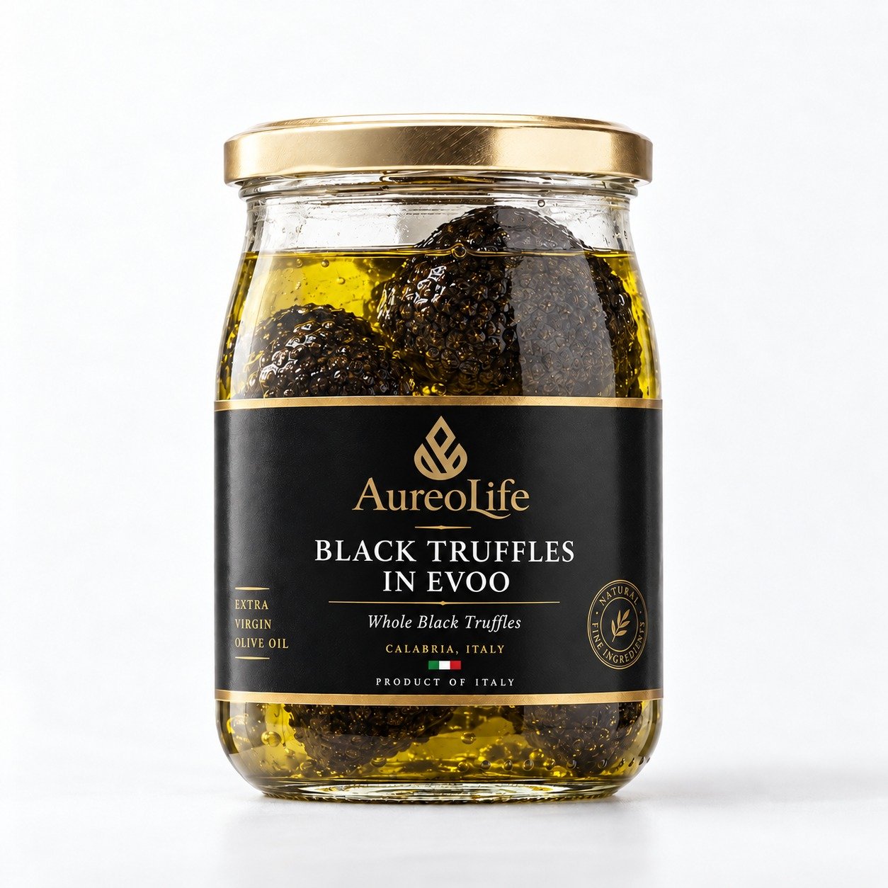 AureoLife whole black winter truffles preserved in organic extra virgin olive oil