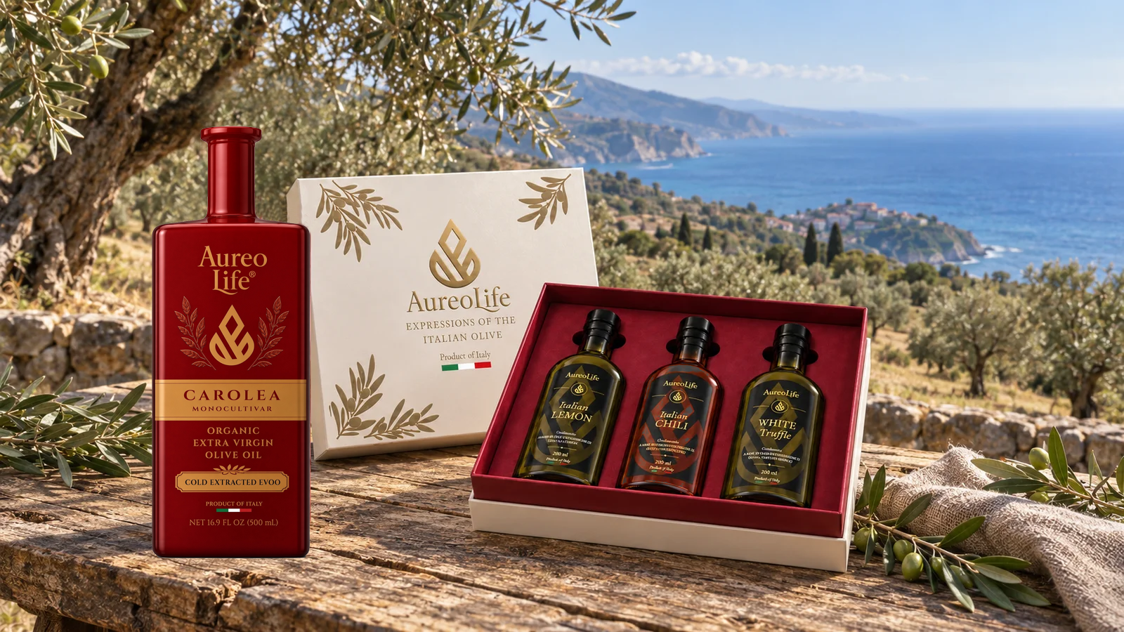 AureoLife Carolea bottle and Infused Collection gift box overlooking the Calabrian coast